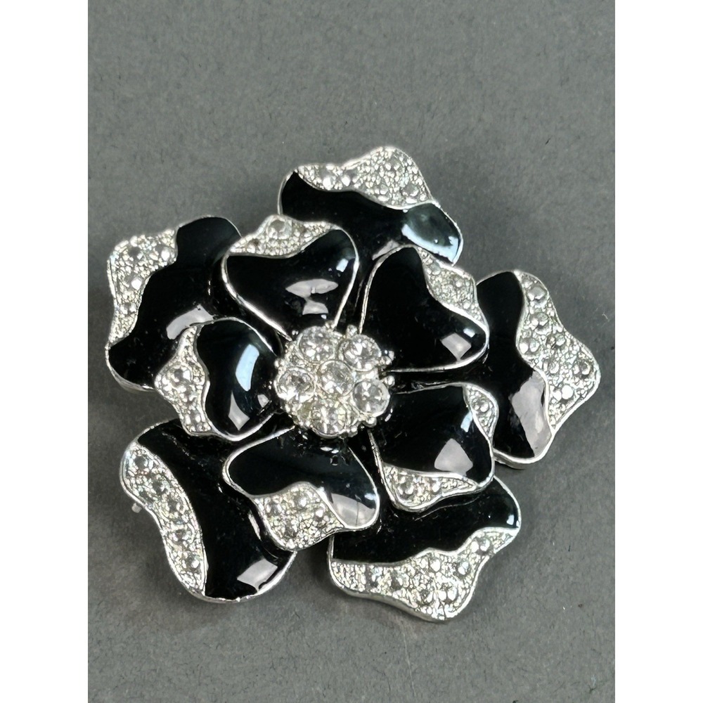 Black Enamel‎ Flower Brooch Silver Tone Clear Rhinestone Floral Pin 1.75"
